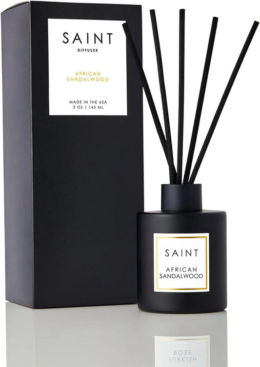 SAINT Reed Diffuser, Aromatherapy Diffuser Set with Scent Diffuser Sticks, Long-Lasting Oil Diffuser in Matte Black Glass Jar, Aroma Diffuser for Home, Bedroom, or Bathroom, 5oz, African Sandalwood