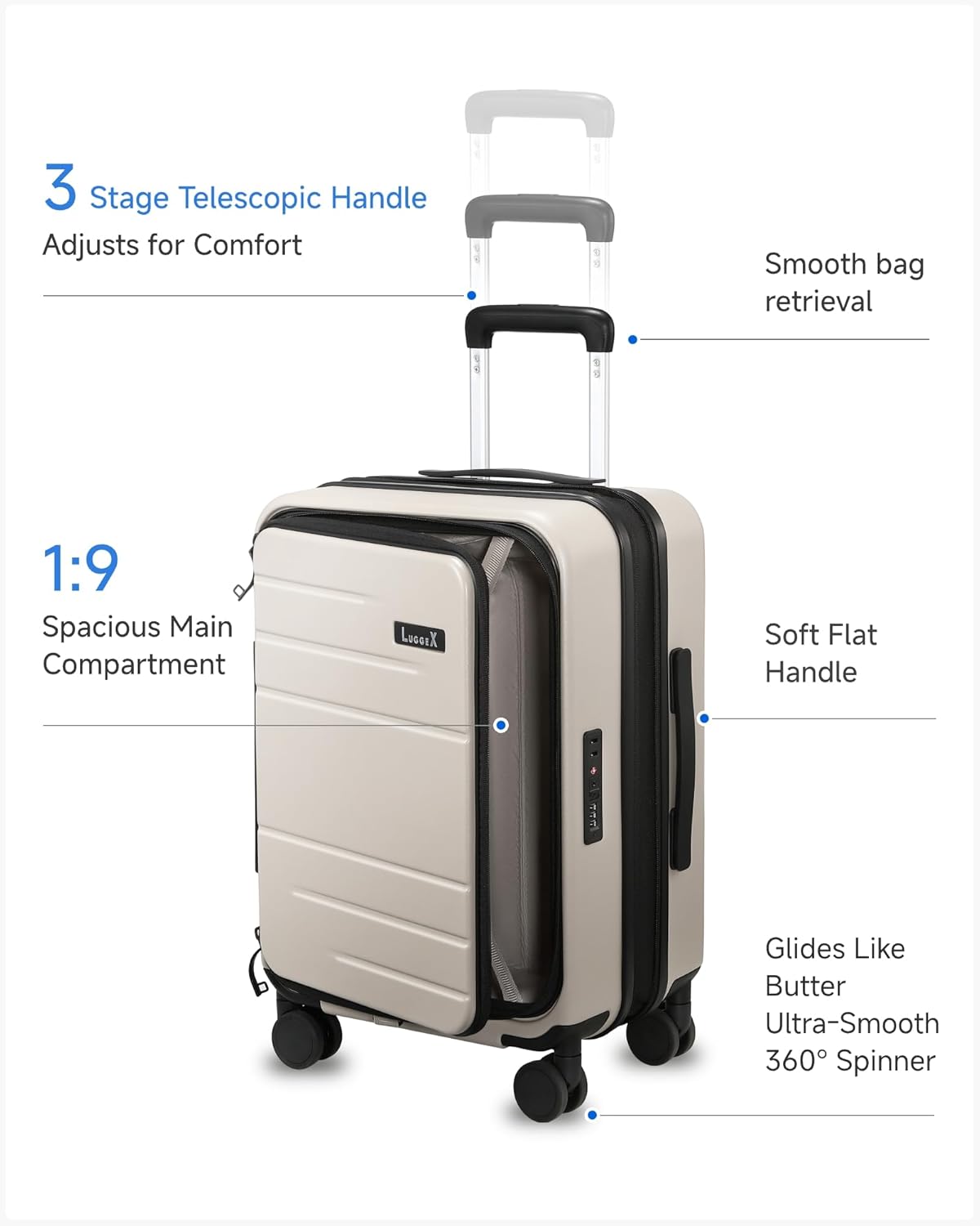 Carry On Luggage Top Opening, FLT Expandable Polycarbonate Hard Shell Suitcase with Wheels (FX-Lite, Beige, 20 Inch, 36L-41L)