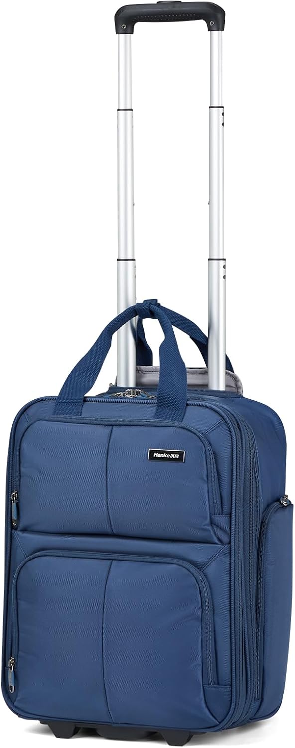 Hanke Softside Expandable Underseat Carry On Luggage for Airplanes,Travel Luggage Rolling Bag Personal Item Bag Small Suitcase,Blue,16-Inch