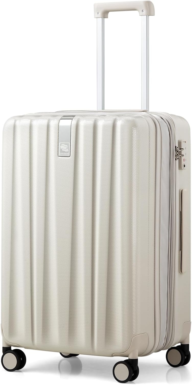 Hanke 24 Inch Expandable Checked Luggage Lightweight PC Hard Case luggage Suitcases with Wheels Travel Luggage Rolling Large Suitcase Travel Luggage Bag for Go To University.(Ivory White)