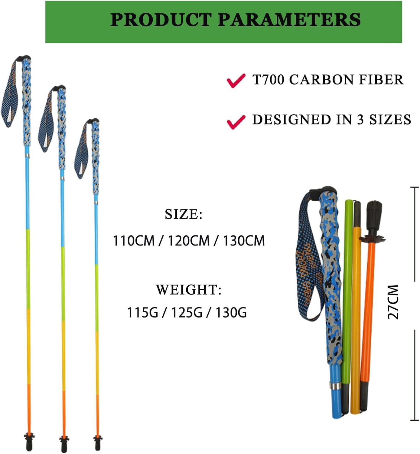 Carbon Fiber Trekking Poles 2-Pack - Ultra Lightweight 10oz, Collapsible 3-Piece Folding Design with Anti-Shock, Moisture-Wicking Cork Grips for Hiking, Mountaineering