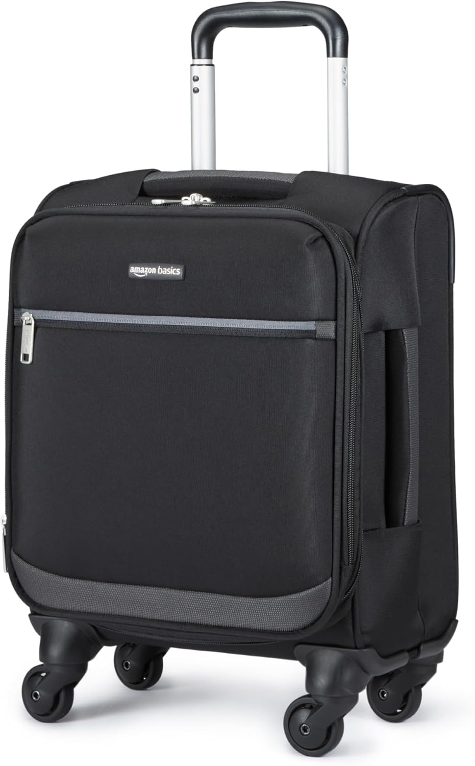 Amazon Basics Luggage, 15" Small Carry-On Softside Suitcase With Wheels, With Four 360-Degree Multi-directional Spinner Wheels, Expandable Space, Zippered Pocket and Straps, Telescopic Handle, Black