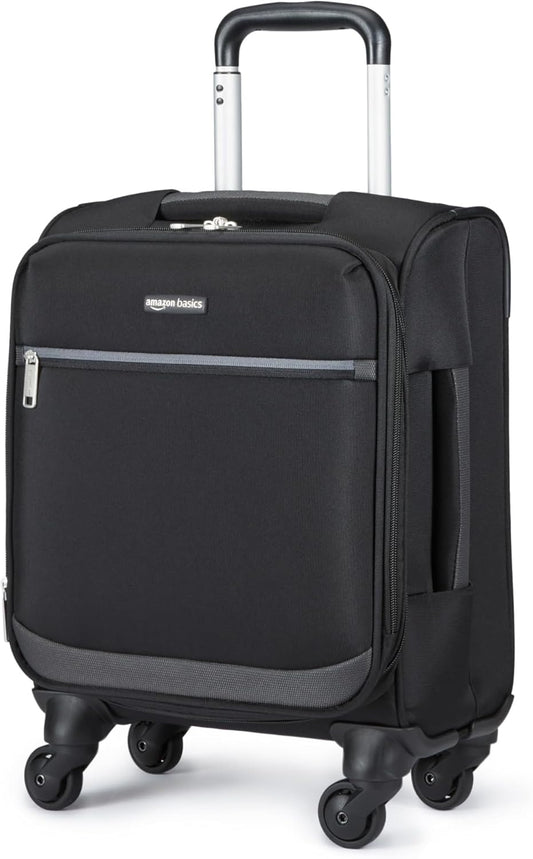 Amazon Basics Luggage, 15" Small Carry-On Softside Suitcase With Wheels, With Four 360-Degree Multi-directional Spinner Wheels, Expandable Space, Zippered Pocket and Straps, Telescopic Handle, Black
