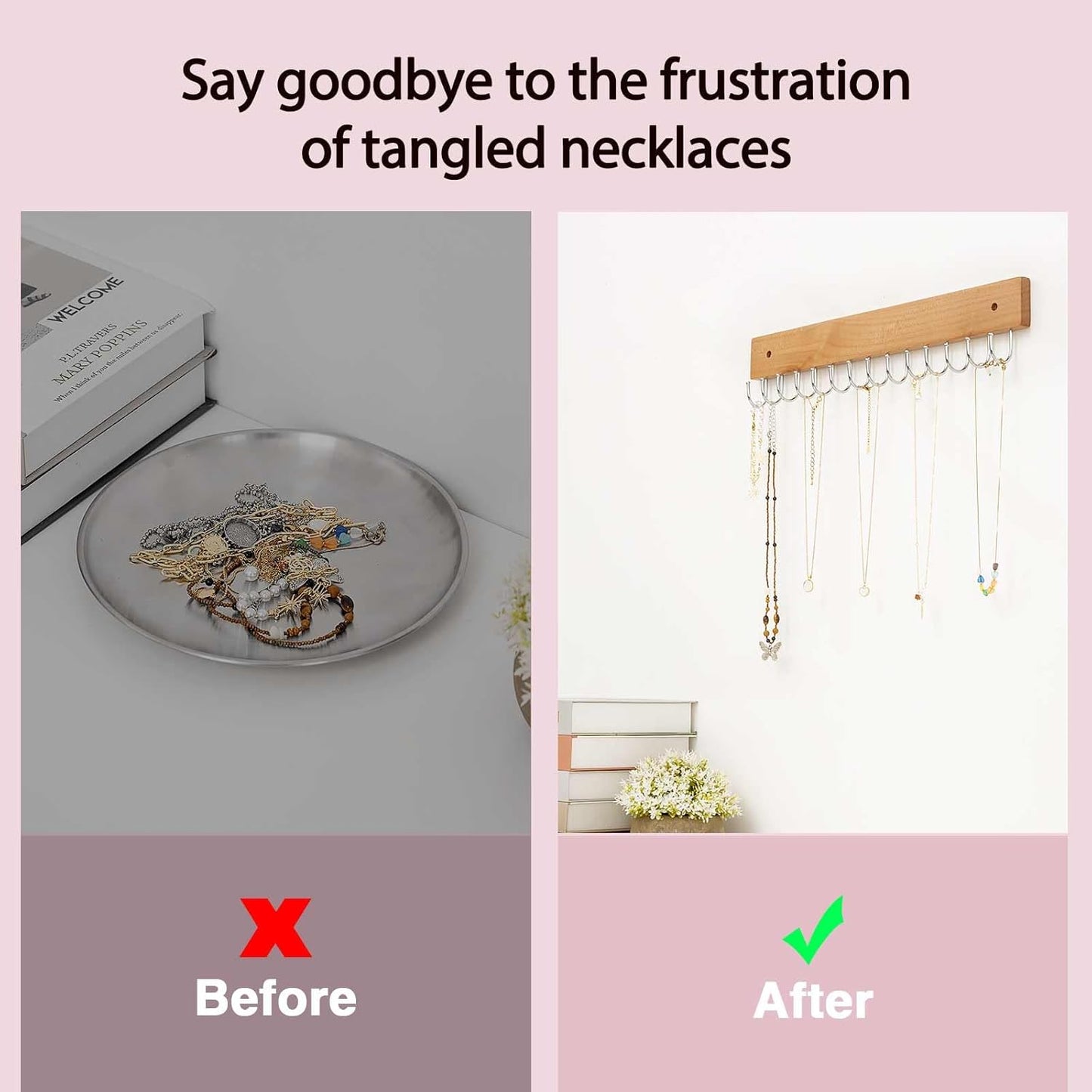 Wall Mounted Necklace Holder, Farmhouse Style Necklace Holder, Tangle Free Wall Jewelry Organizer with 28 Hooks(2 Packs,Natural)