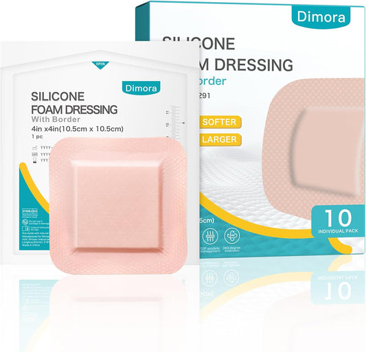 Dimora Ultra Soft Silicone Foam Dressing 4"x4" (10 Pack)- Super Absorbent Wound Dressing with Widened Border, Adhesive Foam Bandages for Bed Sores, Ulcer, Surgical Wound