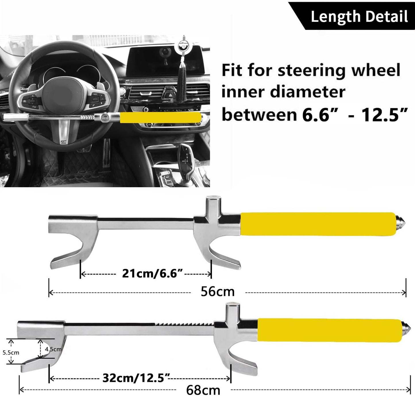 Tevlaphee Steering Wheel Lock Anti-Theft Car Device, Yellow, Heavy Duty