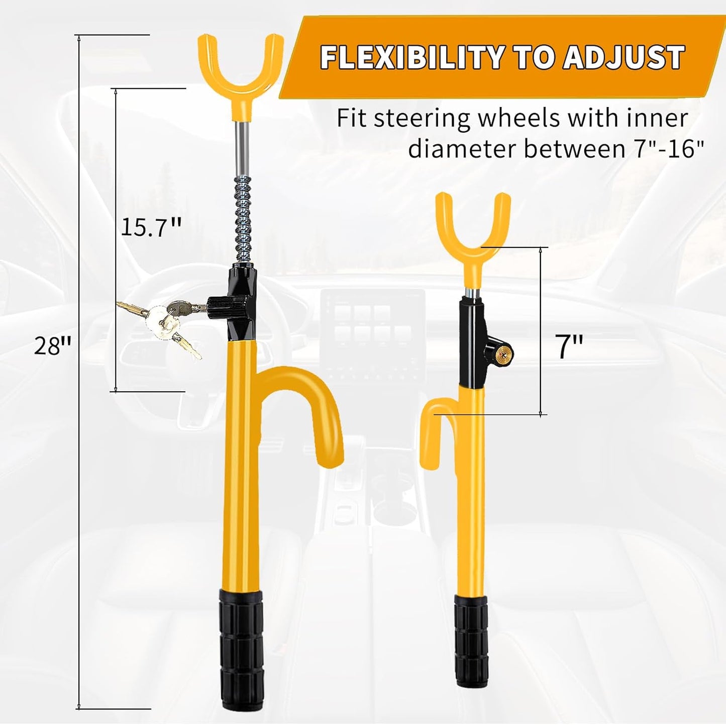 Steering Wheel Lock,Heavy Duty Anti-Theft Car Device,Adjustable Length Locking with 3 Keys Universal Fit for Cars Trucks Vans and SUVs (Yellow)