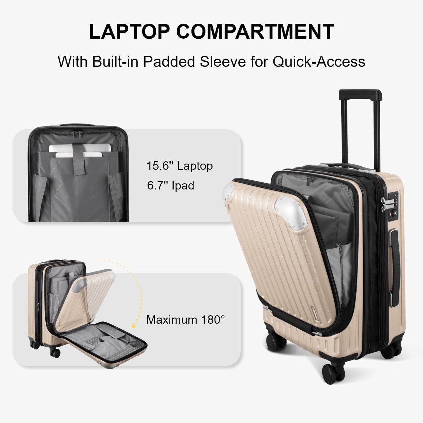 LEVEL8 Grace Carry on Luggage with Front Compartment, 20 Inch Expandable Hardside Suitcases with Wheels, Abs+Pc Harshell Spinner Luggages with Tsa Lock, Travel Bag for Women Men, Champagne