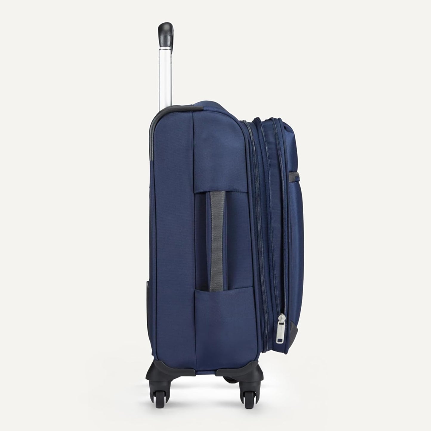 Amazon Basics Luggage, 18"Medium Carry-On Softside Suitcase With Wheels With Four 360-Degree Multi-directional Spinner Wheels Expandable Space Zippered Pocket and Straps Telescopic Handle Navy Blue