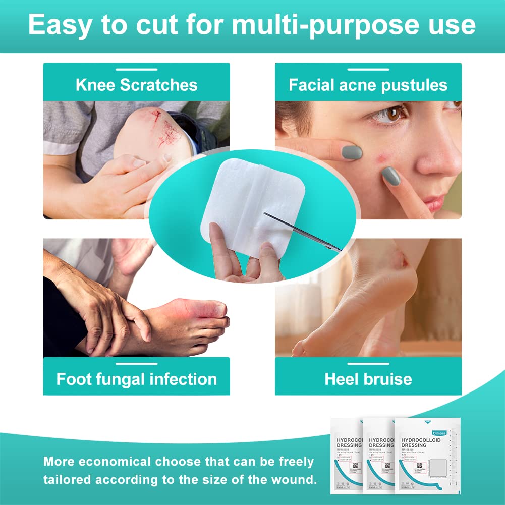 Dimora Hydrocolloid Wound Dressing, 10 Pcs Ultra Thin 4" x 4" Large Patch Bandages with Self-Adhesive, Fast Healing for Bedsore, Burn, Blister, Acne Care, Sterile and Waterproof