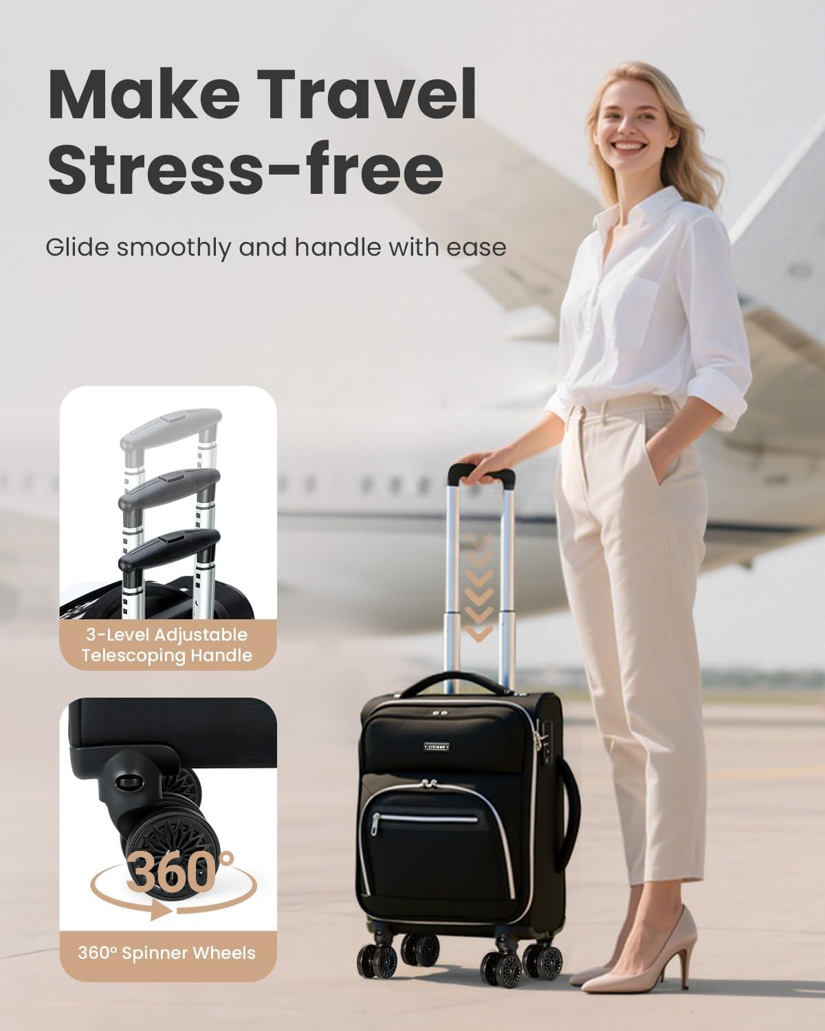 Underseat Carry On luggage Airline approved, 16-inch Softside Underseater Travel Suitcases with Wheels Lightweight Overnight Bag Small Rolling Carry-on for Women,Black