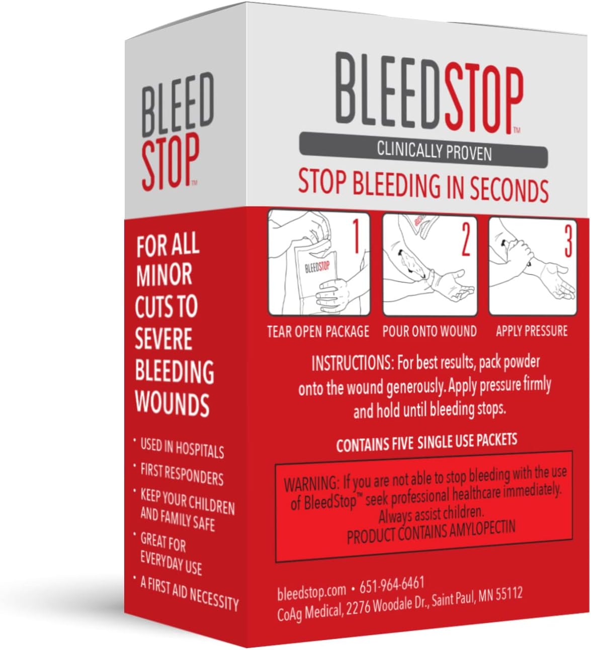 BleedStop™ First Aid Powder for Blood Clotting, Trauma Kit, Blood Thinner Patients, Camping Safety, and Survival Equipment for Moderate to Severe Bleeding Wounds or Nosebleeds 5 Pack 15g