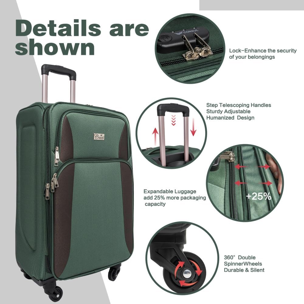 Lispin Luggage Set Softshell Expandable 4 Piece Suitcase with Wheels Softside Lightweight Travel Carry on Luggage (Dark Green + Polyester)