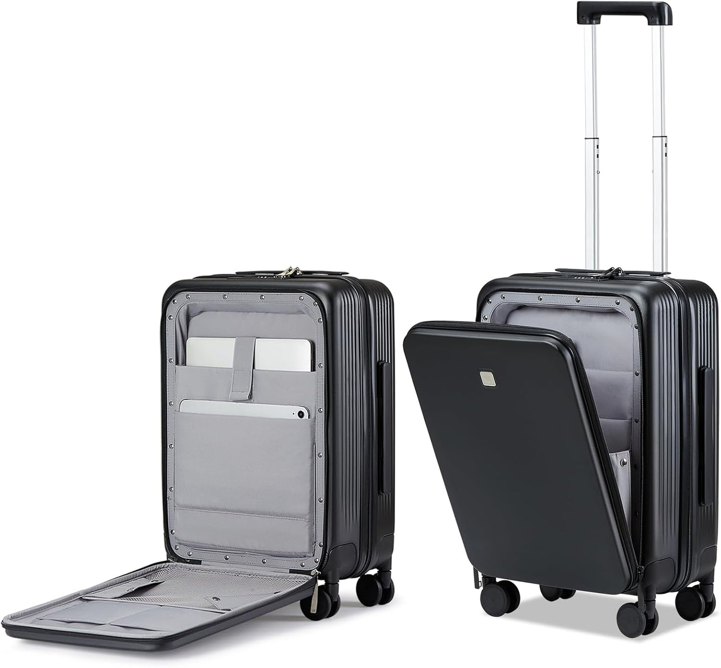 Hanke Grace Carry On Luggage with Wheels Airline Approved Hard Shell Suitcases with Front Pocket，Top Opening Luggage with TSA Lock for Short Business Travel， Jet Black.