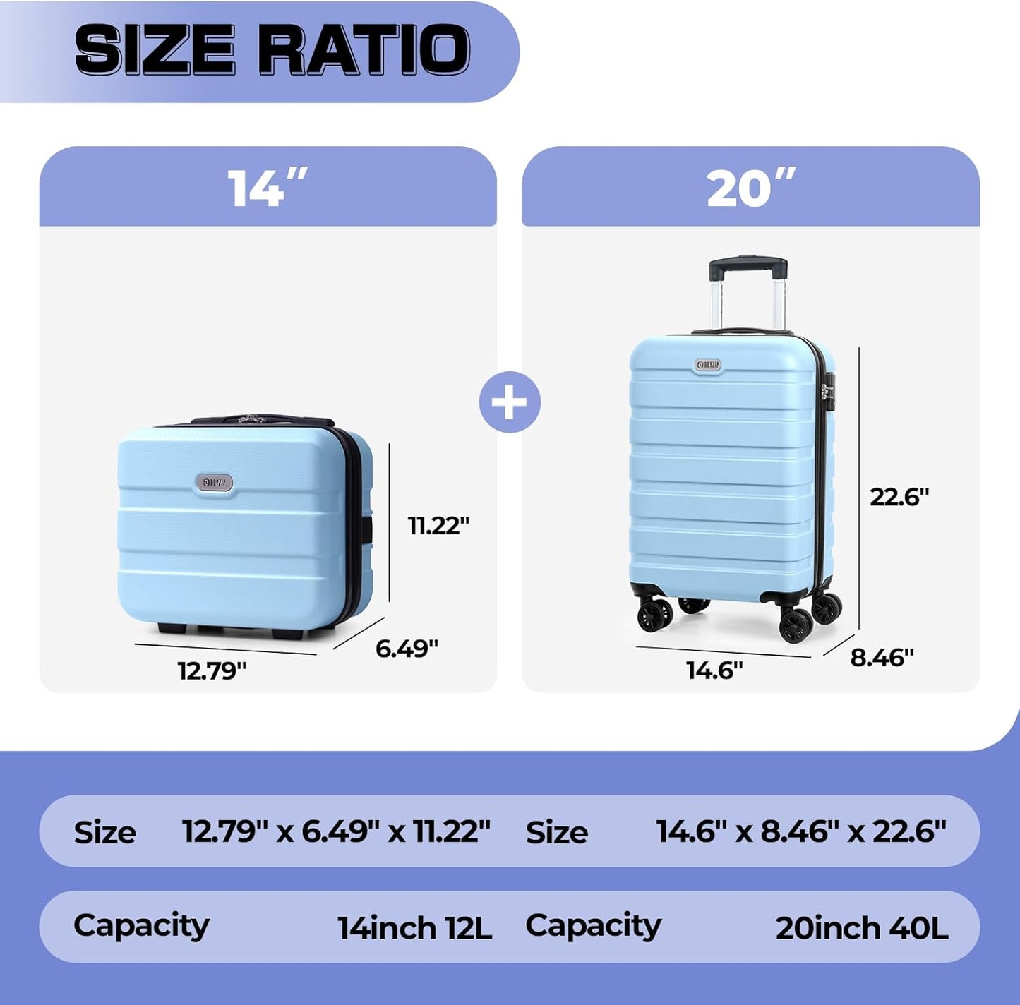 AnyZip Carry On Luggage 2PCS Luggage Set PC ABS Hardshell Lightweight Suitcase TSA Lock with 4 Spinner Wheels（14/20, Light Blue）