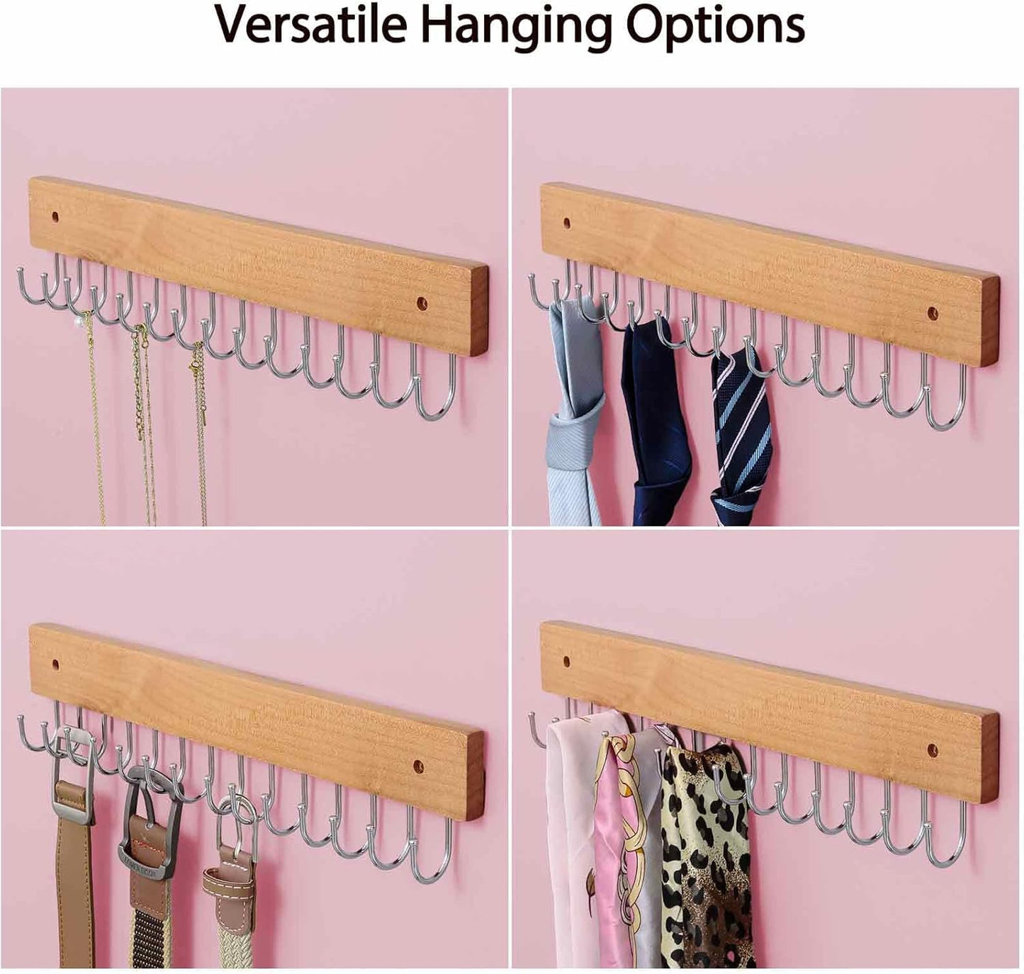 Wall Mounted Necklace Holder, Farmhouse Style Necklace Holder, Tangle Free Wall Jewelry Organizer with 28 Hooks(2 Packs,Natural)