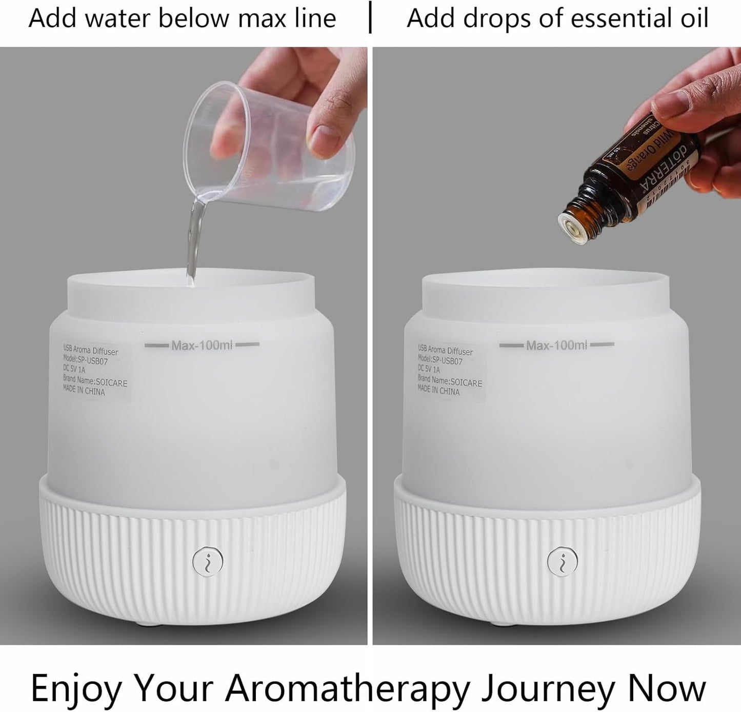 SOICARE Small Essential Oil Diffuser, 100ML Mini Aromatherapy With USB Cable & Adapter, 7 Color Changing USB Powered Aroma Scent for Home/Room/Office/Travel/Gift