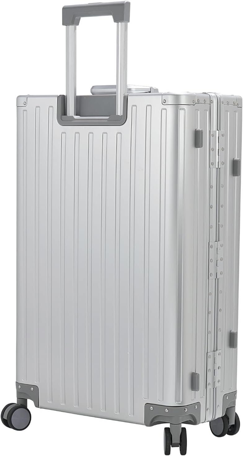 28-inch Aluminum Checked Suitcase: Silver - Full Metal Shell - Crush-Resistant & Burst-Proof, TSA Lock & Spinner Wheels for Business Travel - Men Women