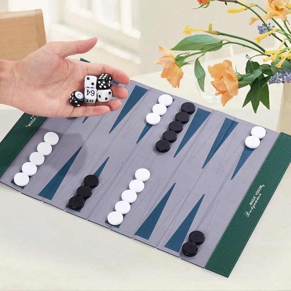 Backgammon Set for Adults, Backgammon Travel Set, Wrinkle-Resistant Foldable Chess and Checkers, Fun Outdoor Games for Family and Friends, Ideal Travel Game Set (Grass Green)