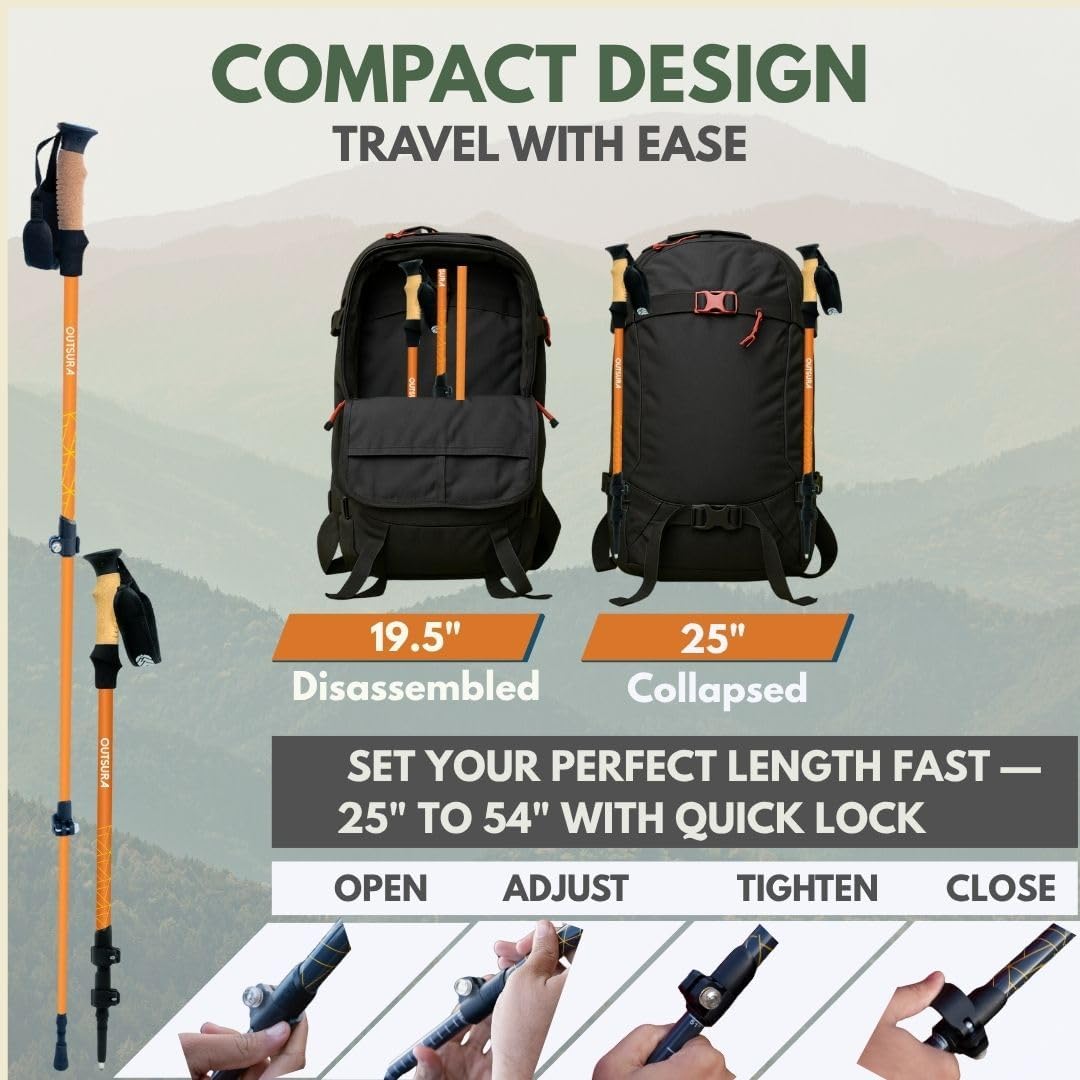 Outsura Trekking Poles for Hiking Collapsible Lightweight Aircraft Graded Aluminum Hiking Poles with Cork Grip & Quick Lock, Pair of 2 Walking Sticks for Seniors Trail & Backpacking