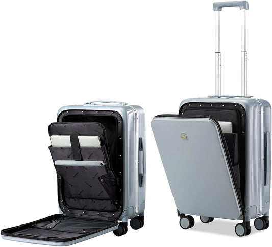 Hanke Grace Hard Shell Suitcases with Wheels,20 Inch Carry On Luggage Airline Approved with Aluminum Frame, Travel suitcase with Front Pocket Travel Luggage for Short Business Trips, Grey.