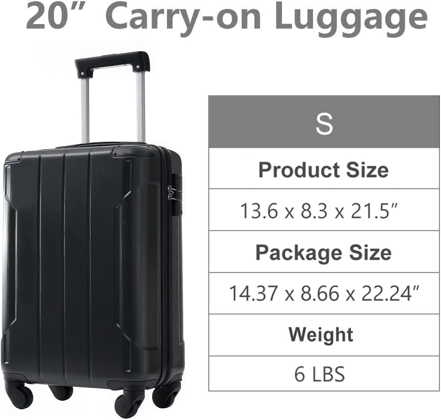 20in Carry On Luggage Hardshell Suitcase with Spinner Wheels Lightweight Lugagge Design Waterproof Durable for Travel (Black)