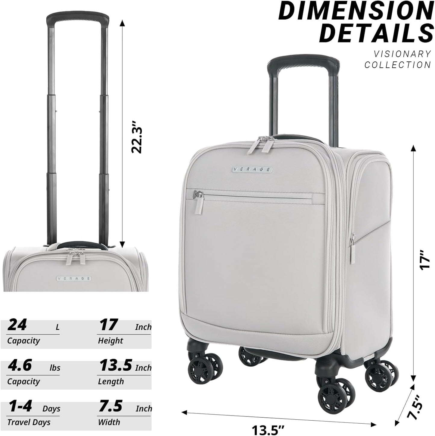 Verage Under Seat Luggage with Wheels, Softside Small Suitcase Spinner Carry On Luggage Bags for Airlines Airplanes Short Trip Men Women (Cloud Gray, 14-Inch Underseat)