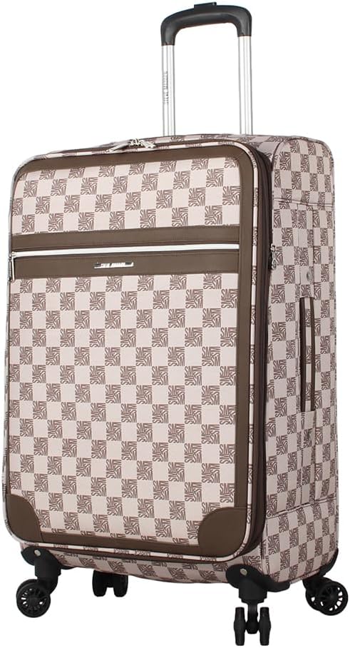 Steve Madden Designer Luggage Collection - Lightweight 24 Inch Expandable Softside Suitcase - Mid-size Rolling 4-Spinner Wheels Checked Bag (Chalet Brown, 24in)