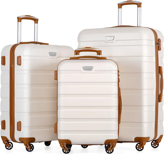 Coolife Luggage 3 Piece Set Suitcase Spinner Hardshell Lightweight TSA Lock (apricot white, 3 piece set(20in24in28in))