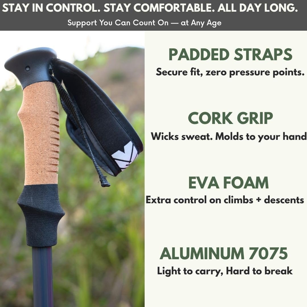 Outsura Trekking Poles for Hiking Collapsible Lightweight Aircraft Graded Aluminum Hiking Poles with Cork Grip & Quick Lock, Pair of 2 Walking Sticks for Seniors Trail & Backpacking