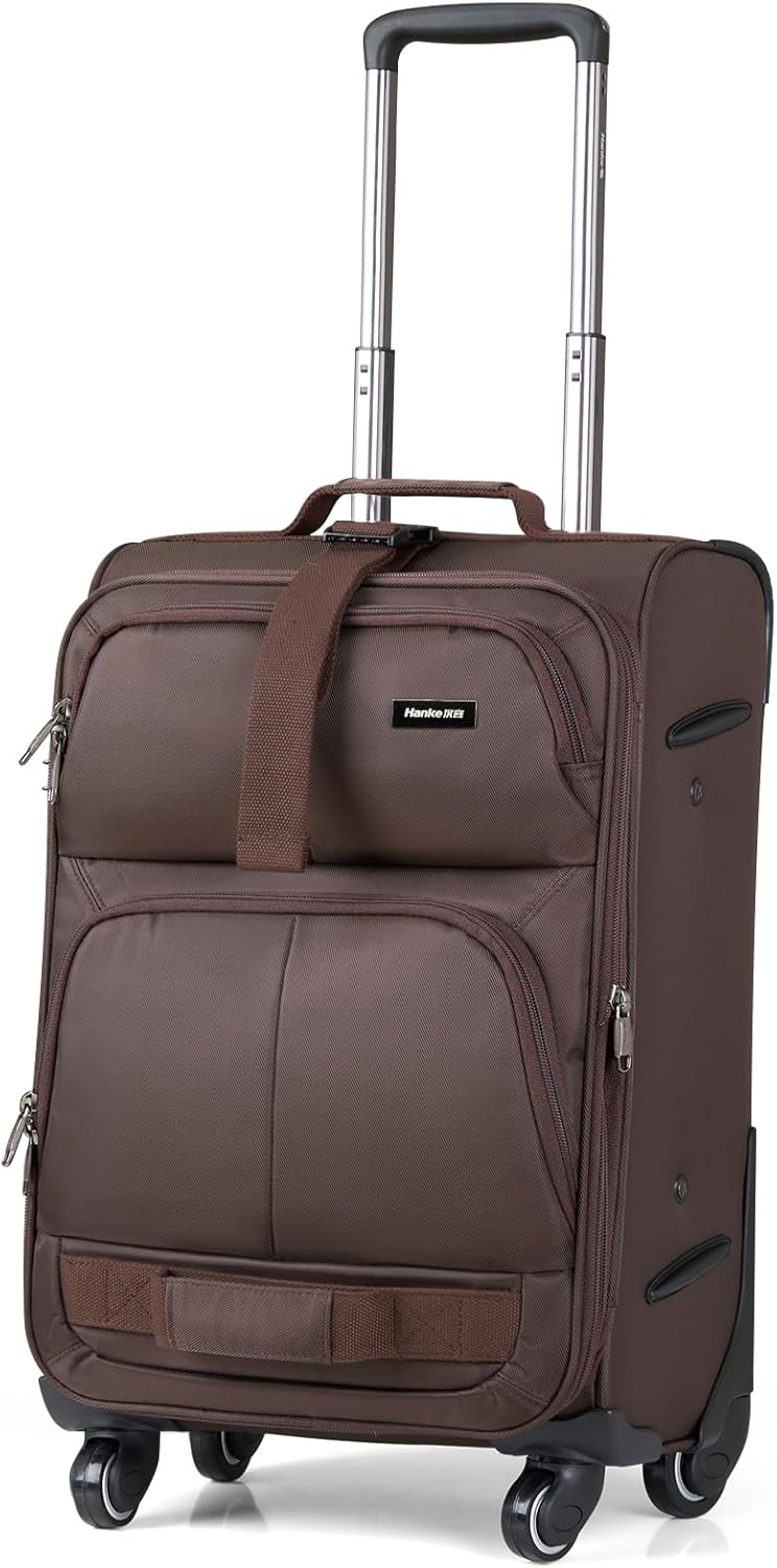 Hanke 20 Inch Softside Expandable Carry On Luggage with Spinner Wheels, Rolling Suitcase Travel Luggage with TSA Approved Luggage,Coffee