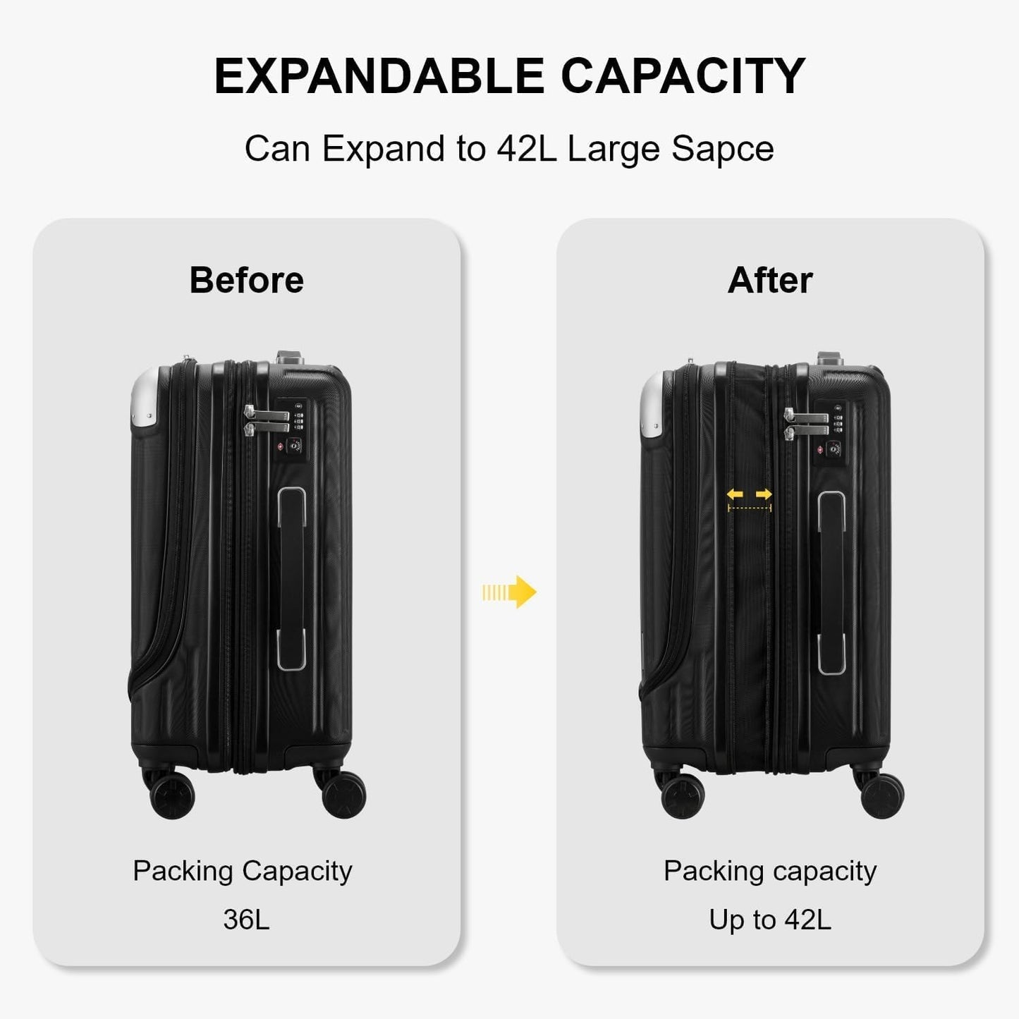 LEVEL8 Grace Carry On Luggage Airline Approved, 20 Inch Expandable Hardside Carry On Suitcase With Wheels, Abs+Pc Small Luggage with Tsa Lock, Black, 20-Inch