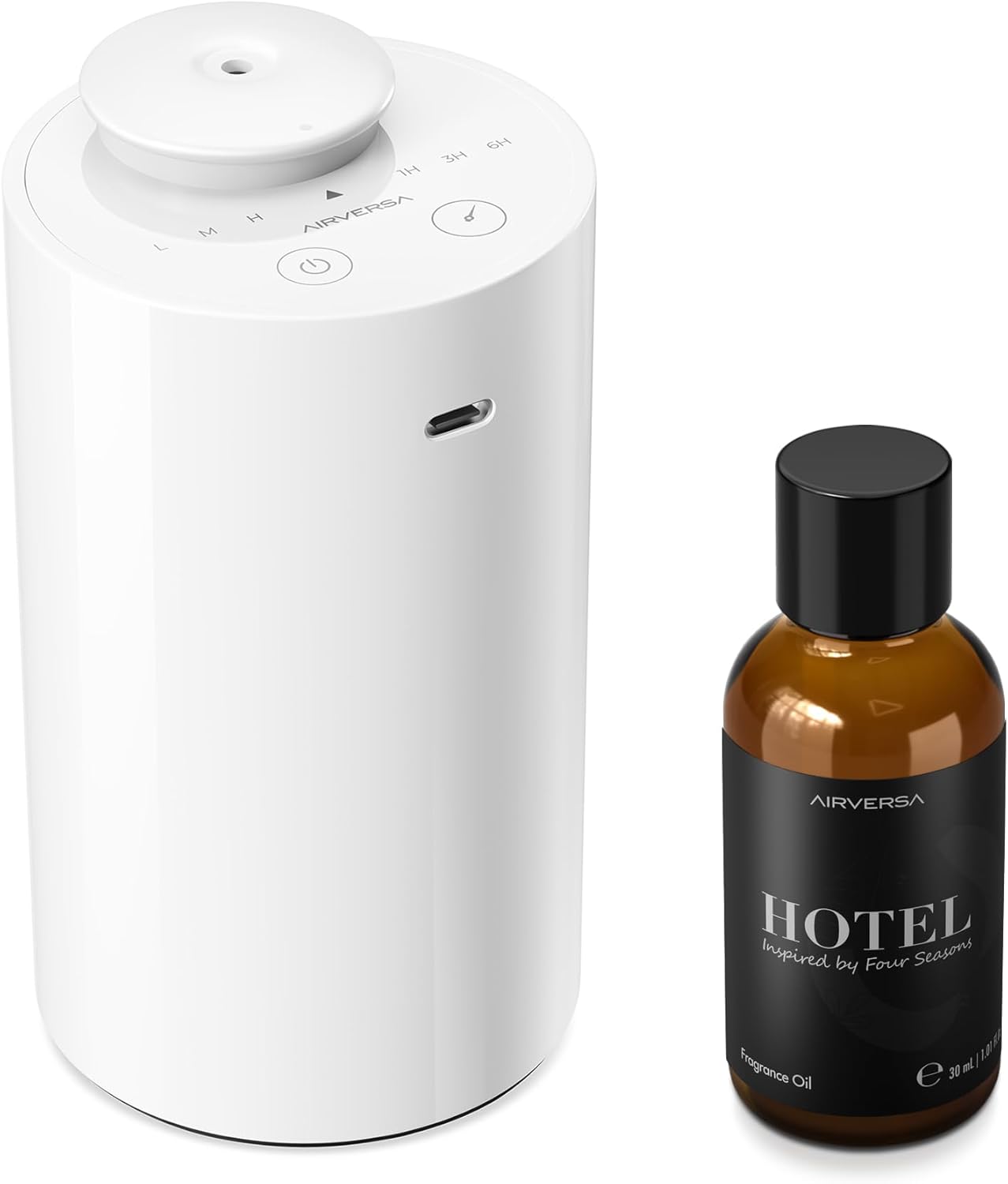 Airversa Waterless Essential Oil Diffuser Starter Kit with 30mL Fragrance Oil Inspired by Four Seasons Hotel, Battery Operated Mini Scent Air Machine Portable Diffuser for Home Car Office, White AN6