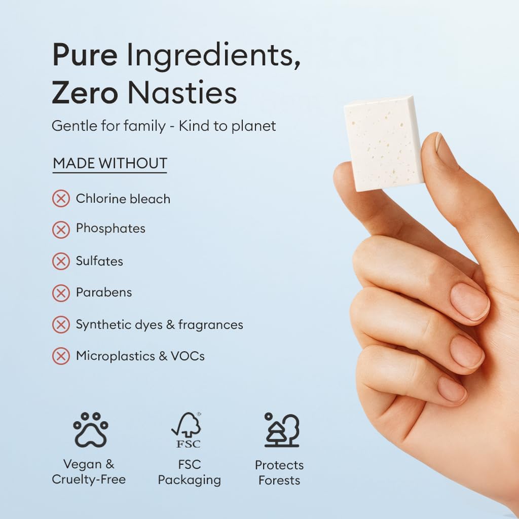 Vove Plastic-Free Laundry Detergent Tablets, 60 Pack – Concentrated, Biodegradable & Plant-Based Formula with 3x Enzyme Power – Tough on Stains, Gentle on Fabric, Fragrance-Free & Eco-Friendly