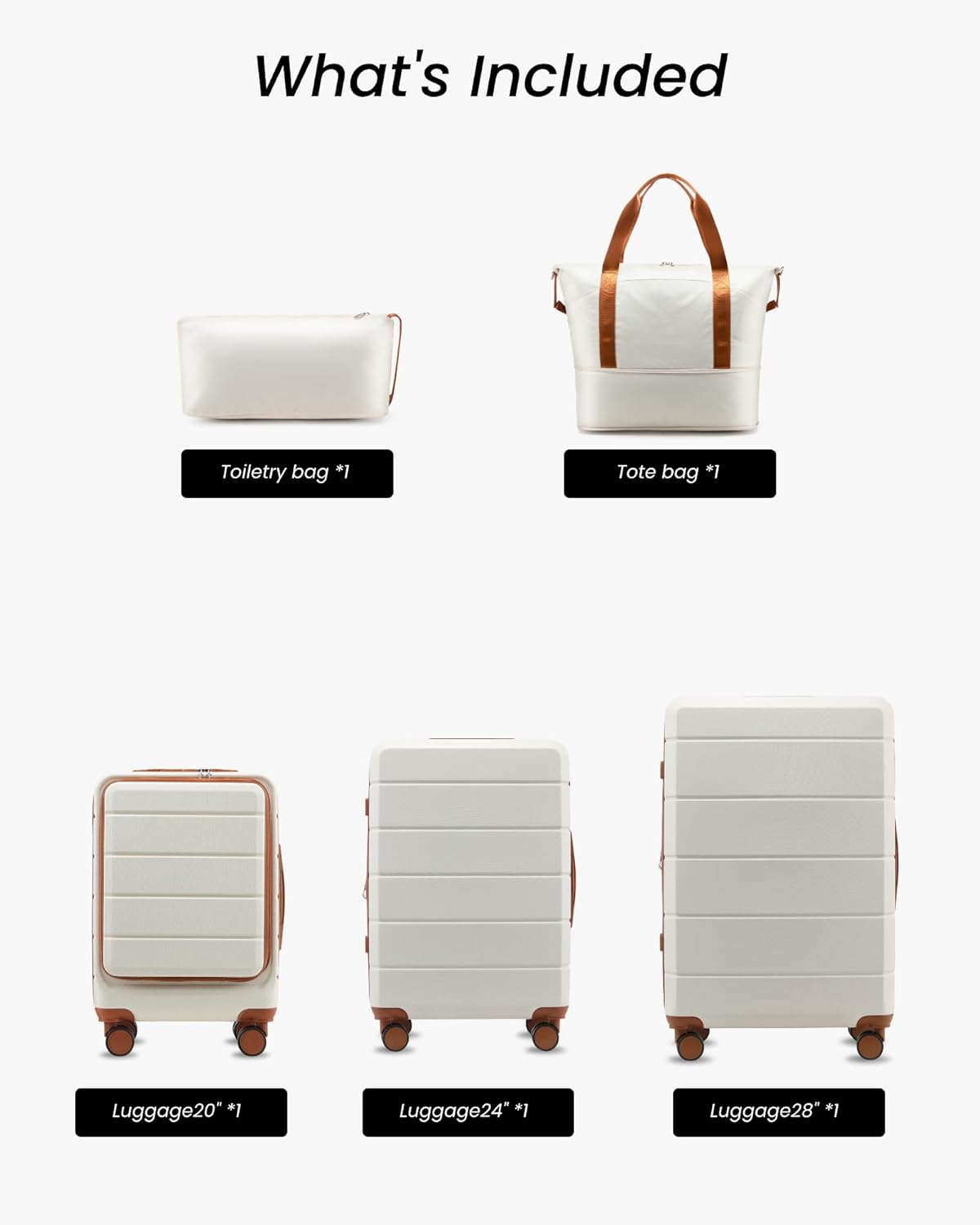 Luggage Sets 5 Piece, Expandable Hardside Suitcases with Wheels Includes Tote Bag, White Brown