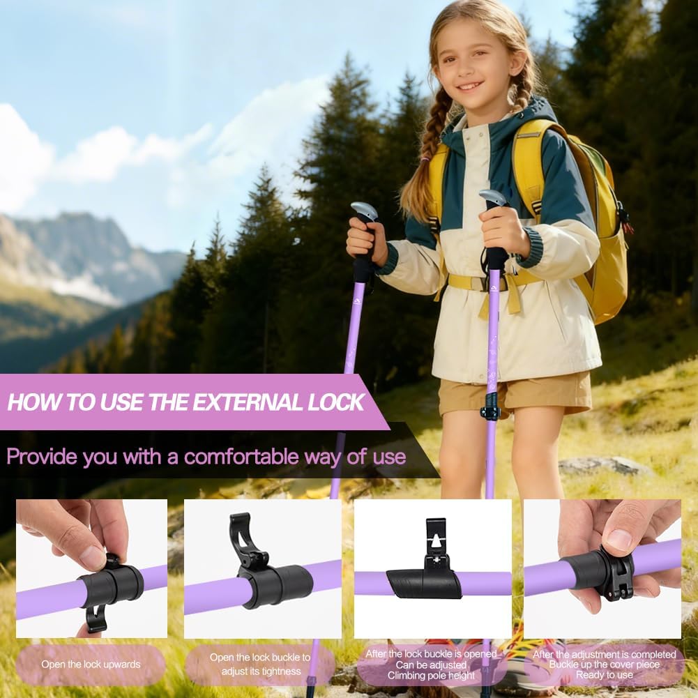 Hiking Trekking Poles, 2 Pack Anti Shock, Adjustable, Collapsible Hiking Poles for Trekking or Walking, Lightweight Aluminum Sticks for Children