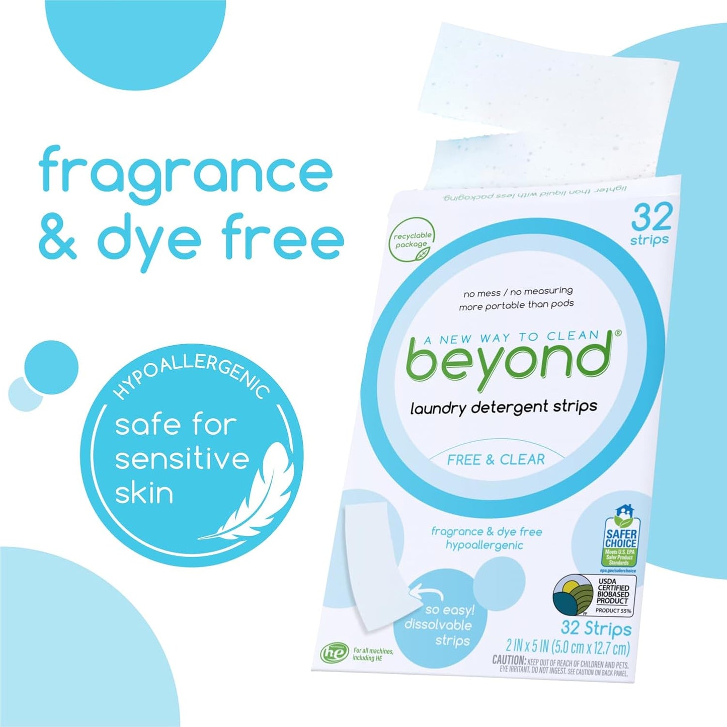 Beyond Laundry Detergent Strips [12 packs of 32 strips] - Free & Clear - Eco-friendly, Hypoallergenic. Travel friendly. Dissolvable Strips