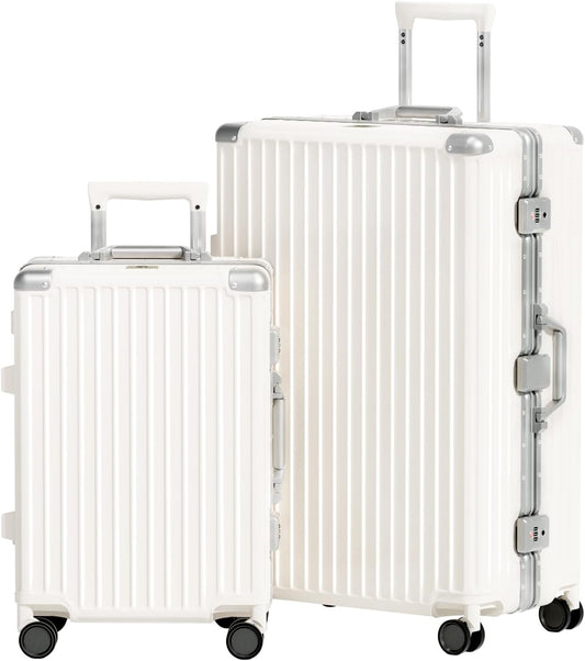 AnyZip Luggage Sets 2 Piece Aluminum Frame Carry On and Checked Suitcase PC ABS Hard Shell TSA Lock No Zipper(White, 20/28)
