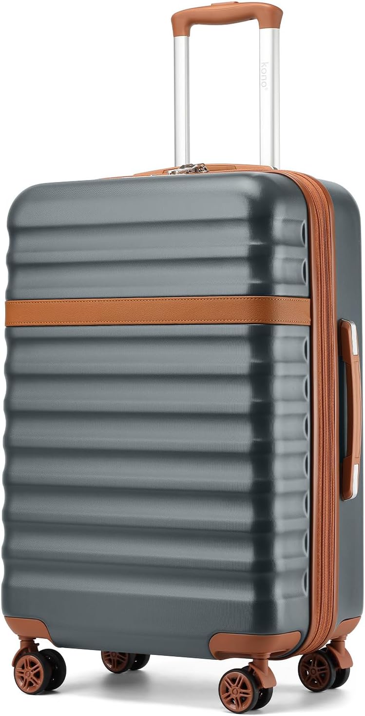 Kono Medium Sized Checked Luggage, 24 Inch Expandable with Spinner Wheels, TSA Lock, ABS + PC Lightweight Travel Suitcase with Larger Capacity and Lighter Weight, Grey Brown