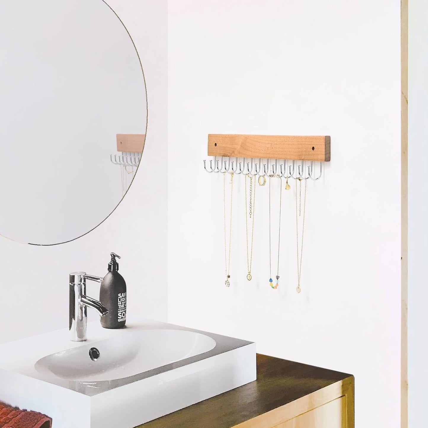 Wall Mounted Necklace Holder, Farmhouse Style Necklace Holder, Tangle Free Wall Jewelry Organizer with 28 Hooks(2 Packs,Natural)