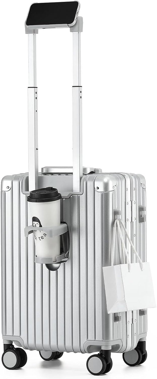 20 Inch Aluminum Frame Carry On Luggage 22x14x9 Airline Approved with Spinner Wheels,Zipperless Hard Shell Small Rolling Suitcases with TSA Approved USB Port,Cup & Phone Holder,Silver