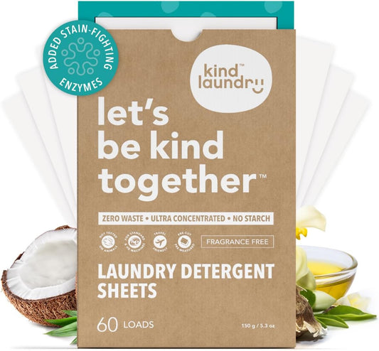 Kind Laundry Detergent Sheets with Stain-Fighting Enzymes - Plant Powered Eco-Friendly Laundry Soap Sheets - Home or Travel Laundry Detergent Fragrance Free, 60 Loads (Mom's Choice Award Winner)