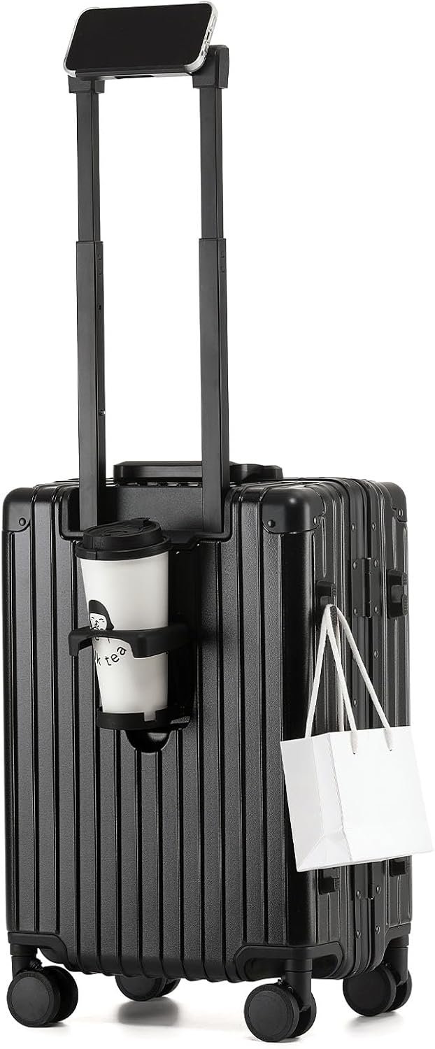 20 Inch Aluminum Frame Carry On Luggage 22x14x9 Airline Approved with Spinner Wheels,Zipperless Hard Shell Small Rolling Suitcases with TSA Approved USB Port,Cup & Phone Holder,Black