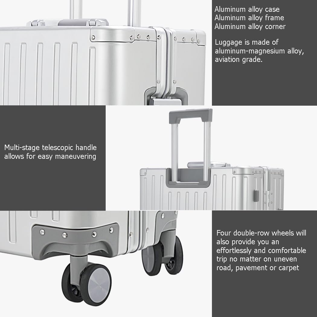 28-inch Aluminum Checked Suitcase: Silver - Full Metal Shell - Crush-Resistant & Burst-Proof, TSA Lock & Spinner Wheels for Business Travel - Men Women