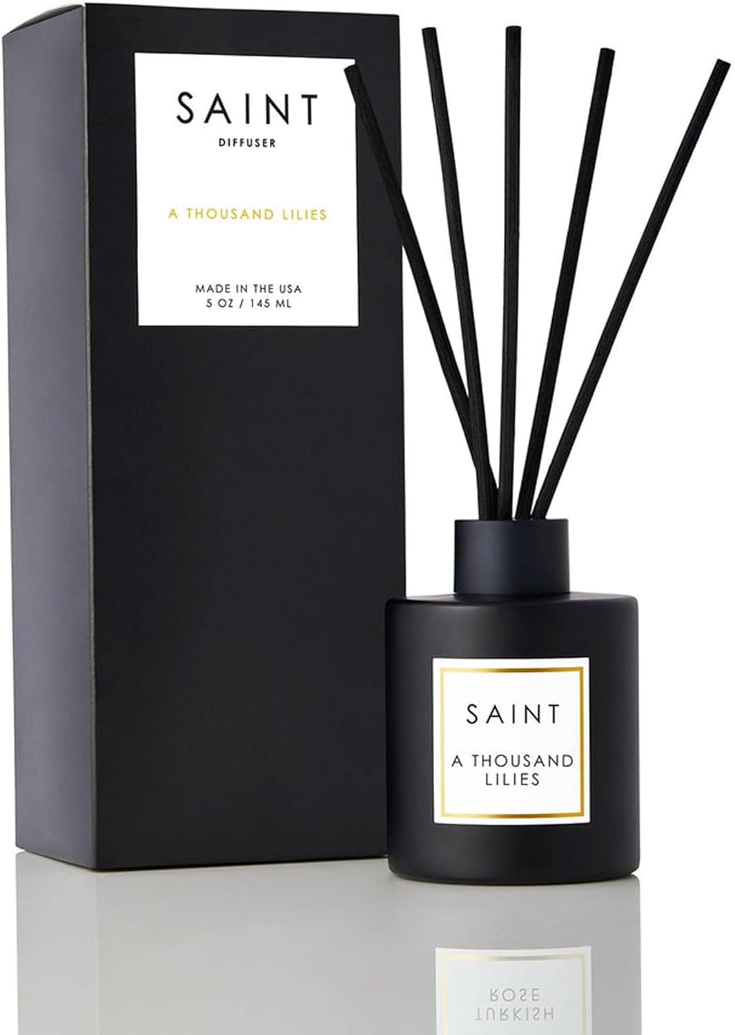 SAINT Reed Diffuser, Aromatherapy Diffuser Set with Scent Diffuser Sticks, Long-Lasting Oil Diffuser in Matte Black Glass Jar, Aroma Diffuser for Home, Bedroom, or Bathroom, 5oz, A Thousand Lilies