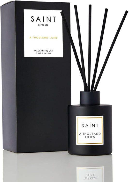 SAINT Reed Diffuser, Aromatherapy Diffuser Set with Scent Diffuser Sticks, Long-Lasting Oil Diffuser in Matte Black Glass Jar, Aroma Diffuser for Home, Bedroom, or Bathroom, 5oz, A Thousand Lilies