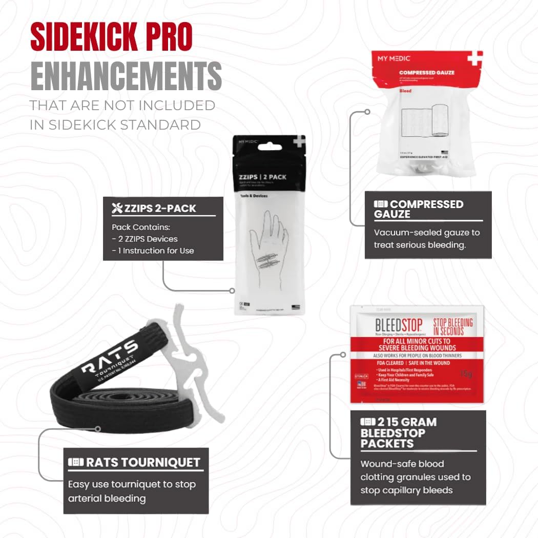 My Medic Sidekick Pro - Camping Hiking and Backpacking First Aid Kit - 70 Items with Tourniquet - HSA and FSA Eligible - Small Ifak Great for Travel or Motorcycle - Portable Emergency Kit – Red
