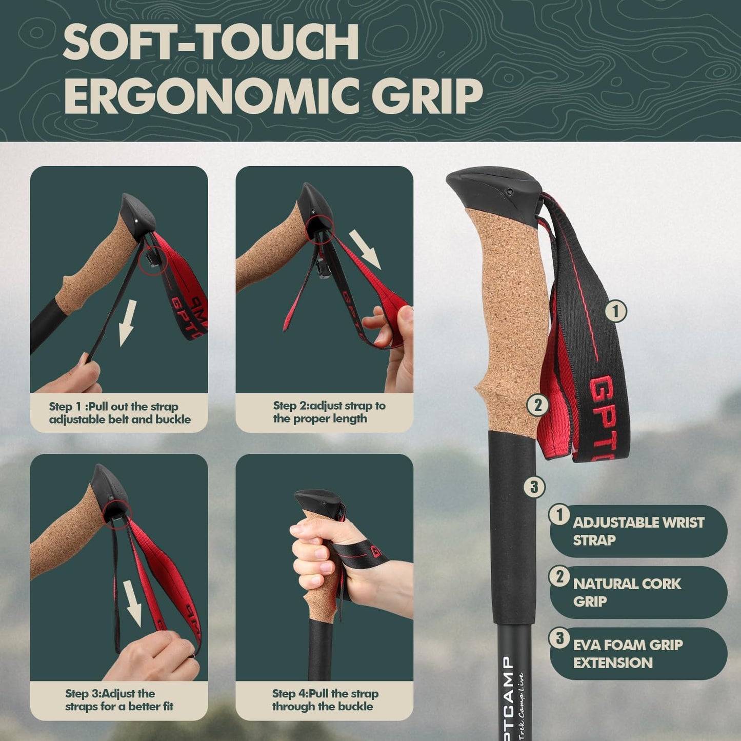 GPTCAMP Walking Sticks,Trekking Poles Collapsible Hiking Poles,Lightweight Folding Travel Walking Pole for Men Women,2pc Adjustable Hiking Stick with EVA Foam Grips for Backpacking