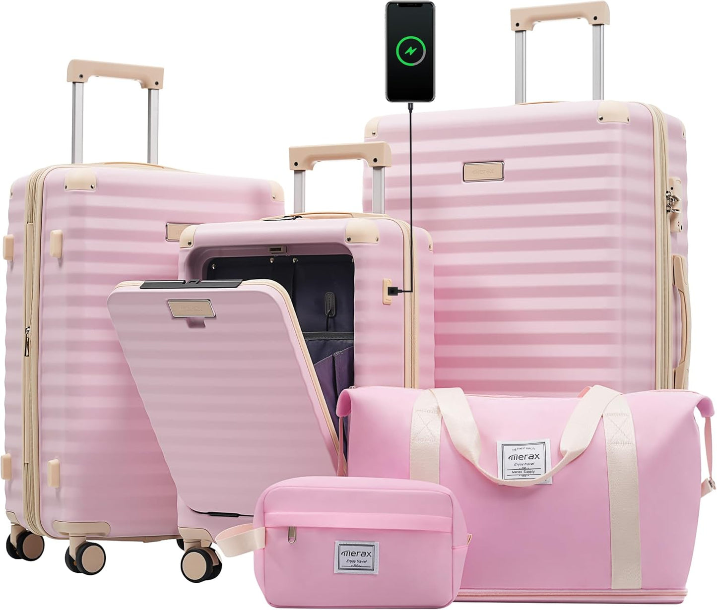 Merax Luggage Sets 3 Piece Front Opening, Hardside Lightweight Carry on Suitcase with Cup Holder USB Port,Durable Expandable Luggage with Bags Spinner Wheels and TSA Lock,Pink