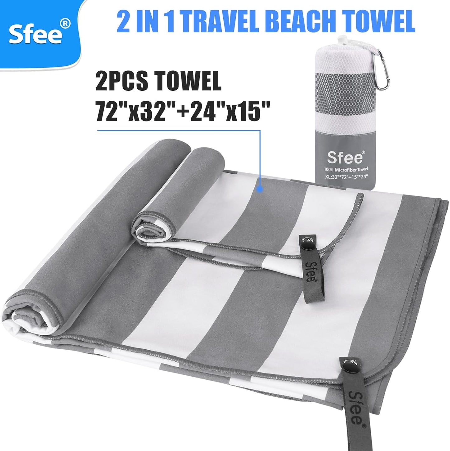 Sfee 2 in 1 Microfiber Oversized Beach Towel, Quick Dry Towel Travel Towel Camping Towel Super Absorbent Compact Lightweight Sports Gym Towels for Beach,Gym, Hiking, Pool, Backpacking, Bath, Yoga